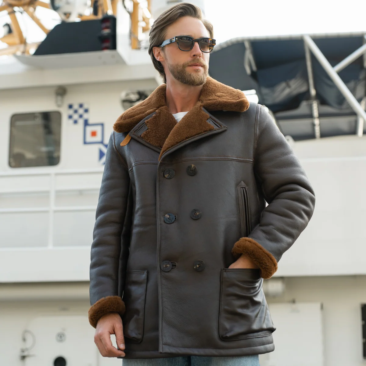 Men's Northwind Conway Shearling Peacoat – Luxury Double-Breasted Leather Coat