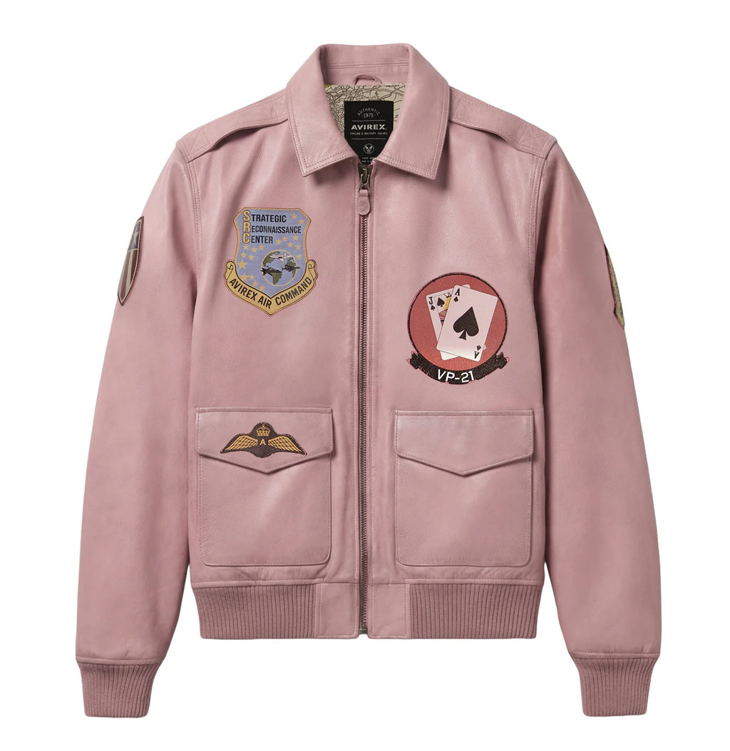 Men's Pink Lambskin Leather Flight Jacket with Vintage Military Patches