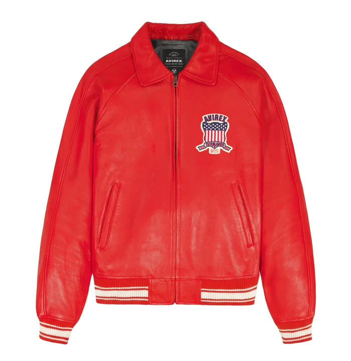 Men's Red Lambskin Leather Varsity Bomber Jacket with USA Logo Appliqué