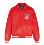 Men's Red Lambskin Leather Varsity Bomber Jacket with USA Logo Appliqué