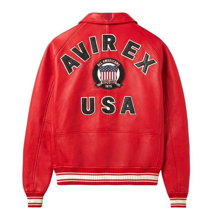 Men's Red Lambskin Leather Varsity Bomber Jacket with USA Logo Appliqué