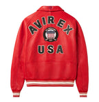 Men's Red Lambskin Leather Varsity Bomber Jacket with USA Logo Appliqué