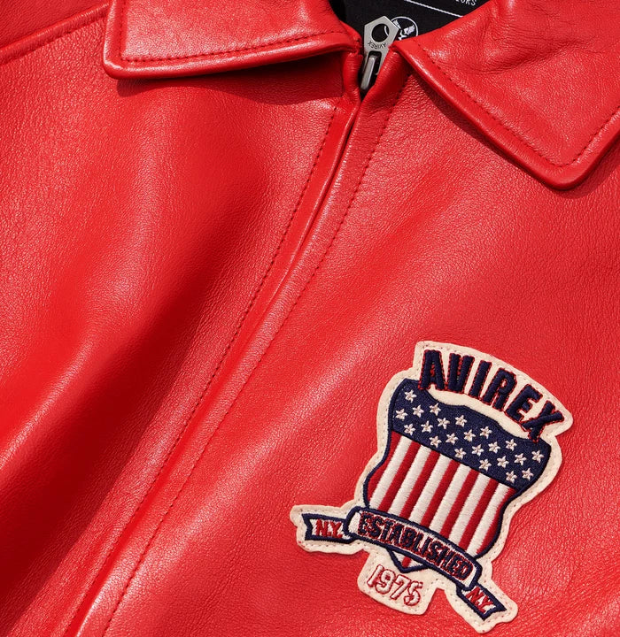 Men's Red Lambskin Leather Varsity Bomber Jacket with USA Logo Appliqué