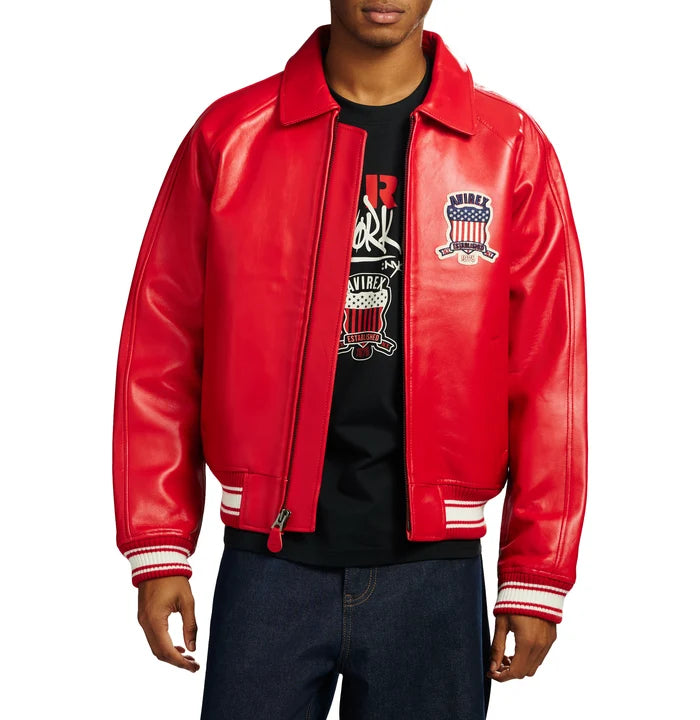Men's Red Lambskin Leather Varsity Bomber Jacket with USA Logo Appliqué