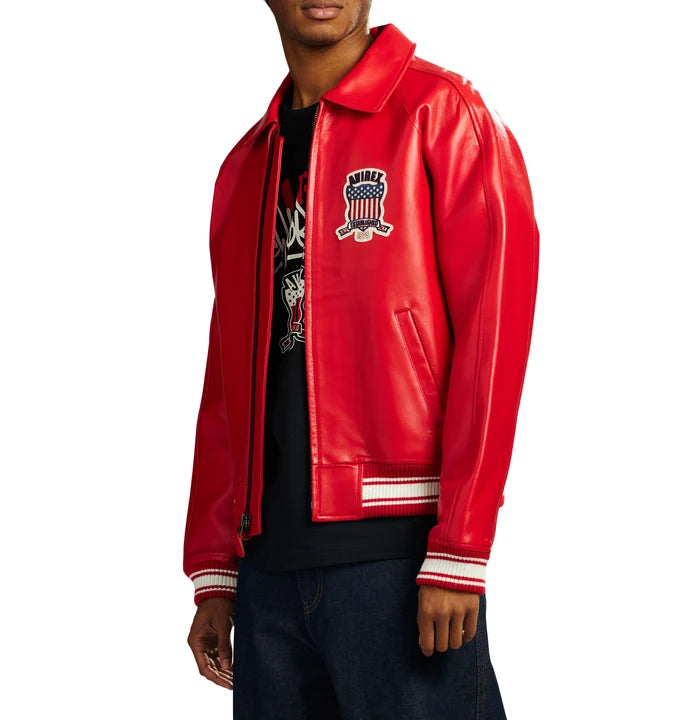Men's Red Lambskin Leather Varsity Bomber Jacket with USA Logo Appliqué