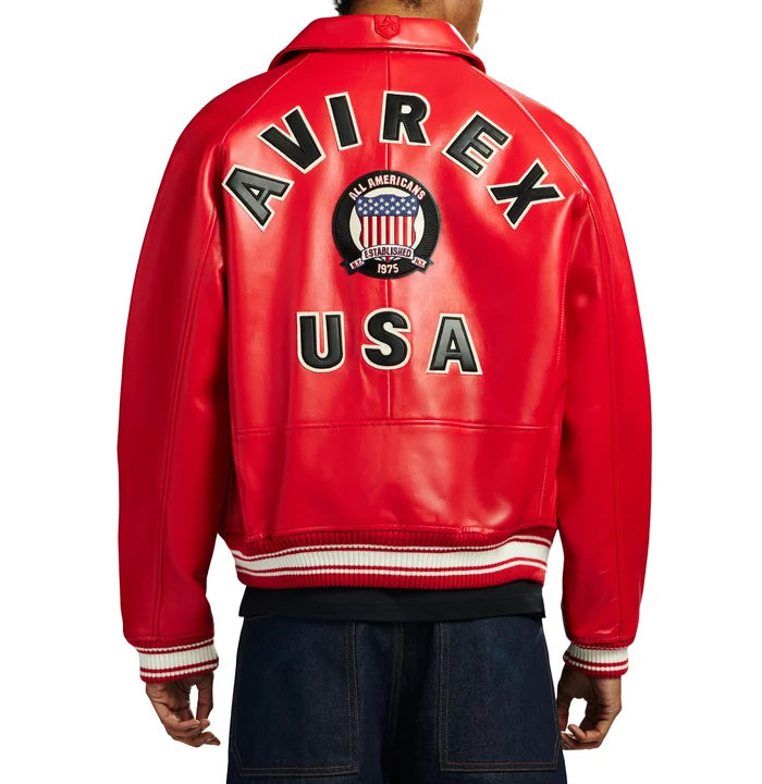 Men's Red Lambskin Leather Varsity Bomber Jacket with USA Logo Appliqué