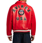 Men's Red Lambskin Leather Varsity Bomber Jacket with USA Logo Appliqué