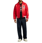 Men's Red Lambskin Leather Varsity Bomber Jacket with USA Logo Appliqué