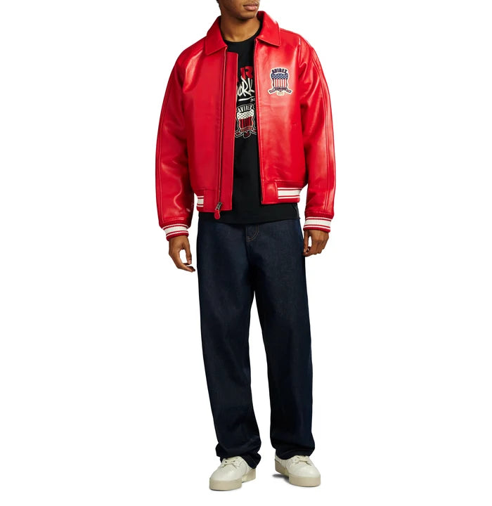Men's Red Lambskin Leather Varsity Bomber Jacket with USA Logo Appliqué