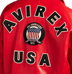 Men's Red Lambskin Leather Varsity Bomber Jacket with USA Logo Appliqué