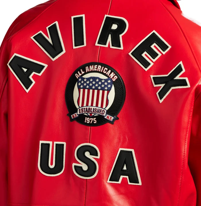 Men's Red Lambskin Leather Varsity Bomber Jacket with USA Logo Appliqué