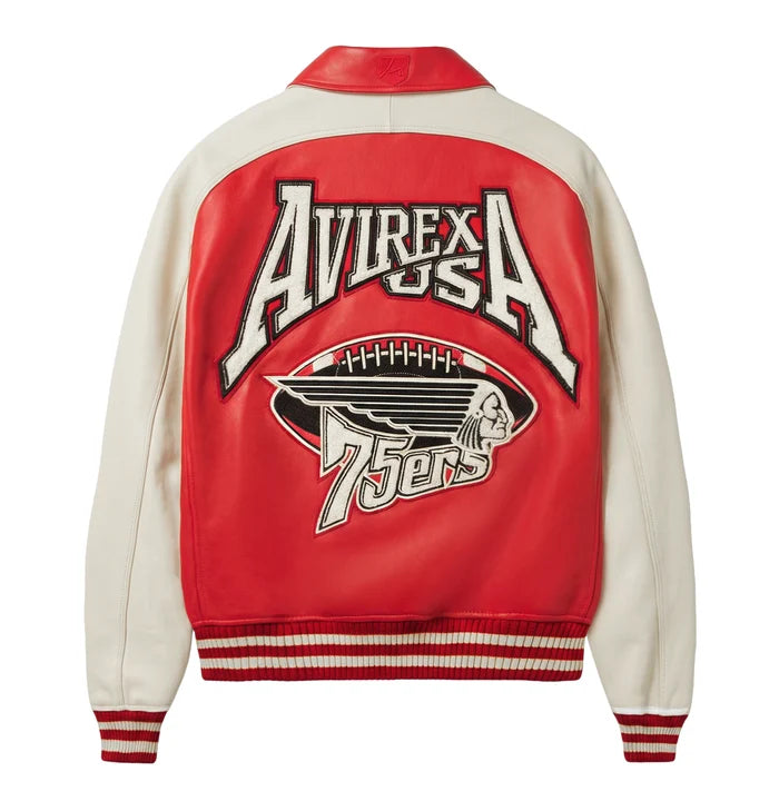 Men's Red & Cream Leather Varsity Jacket | 75ers Chenille Patch Edition
