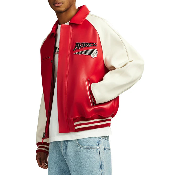 Men's Red & Cream Leather Varsity Jacket | 75ers Chenille Patch Edition