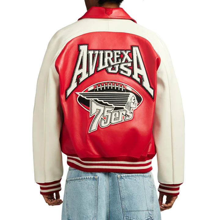 Men's Red & Cream Leather Varsity Jacket | 75ers Chenille Patch Edition