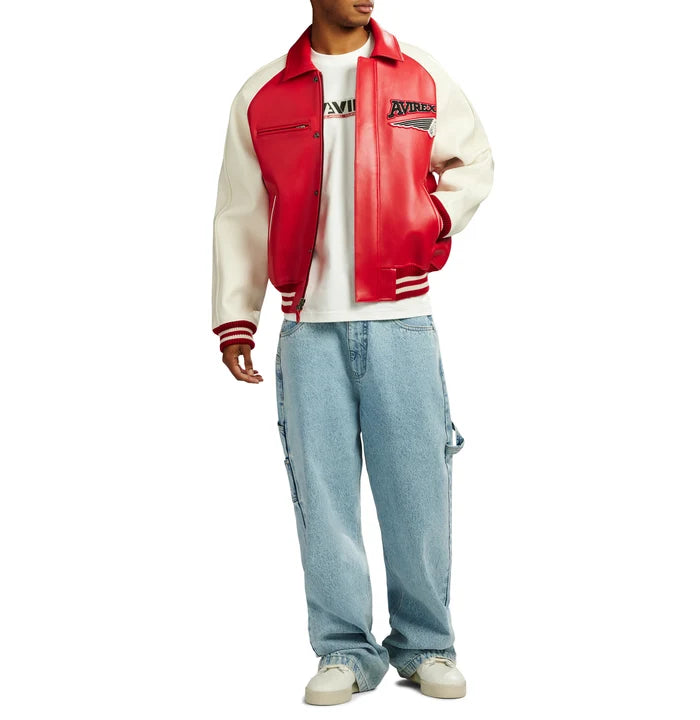 Men's Red & Cream Leather Varsity Jacket | 75ers Chenille Patch Edition