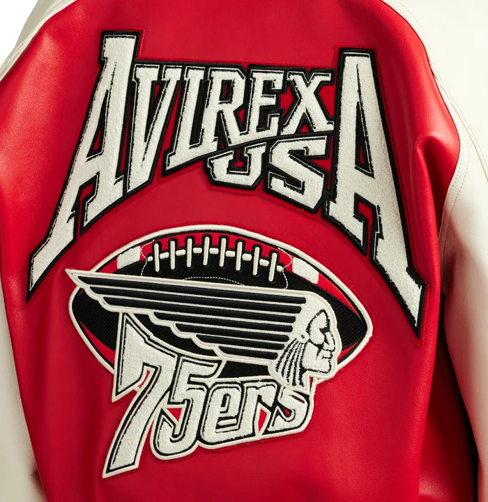 Men's Red & Cream Leather Varsity Jacket | 75ers Chenille Patch Edition