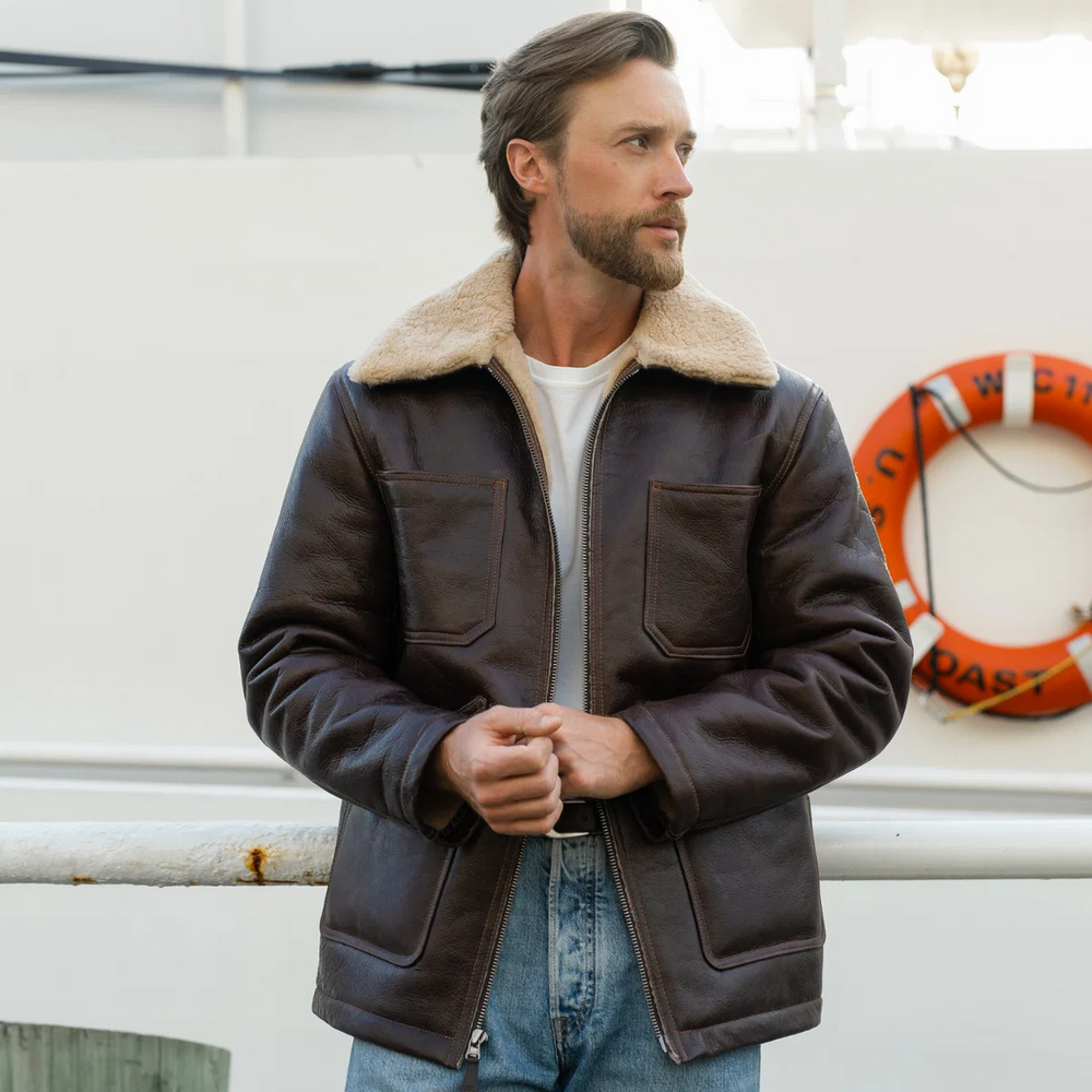 Men's Shearling Chore Leather Jacket – 1930s Heritage Genuine Sheepskin Workwear Coat