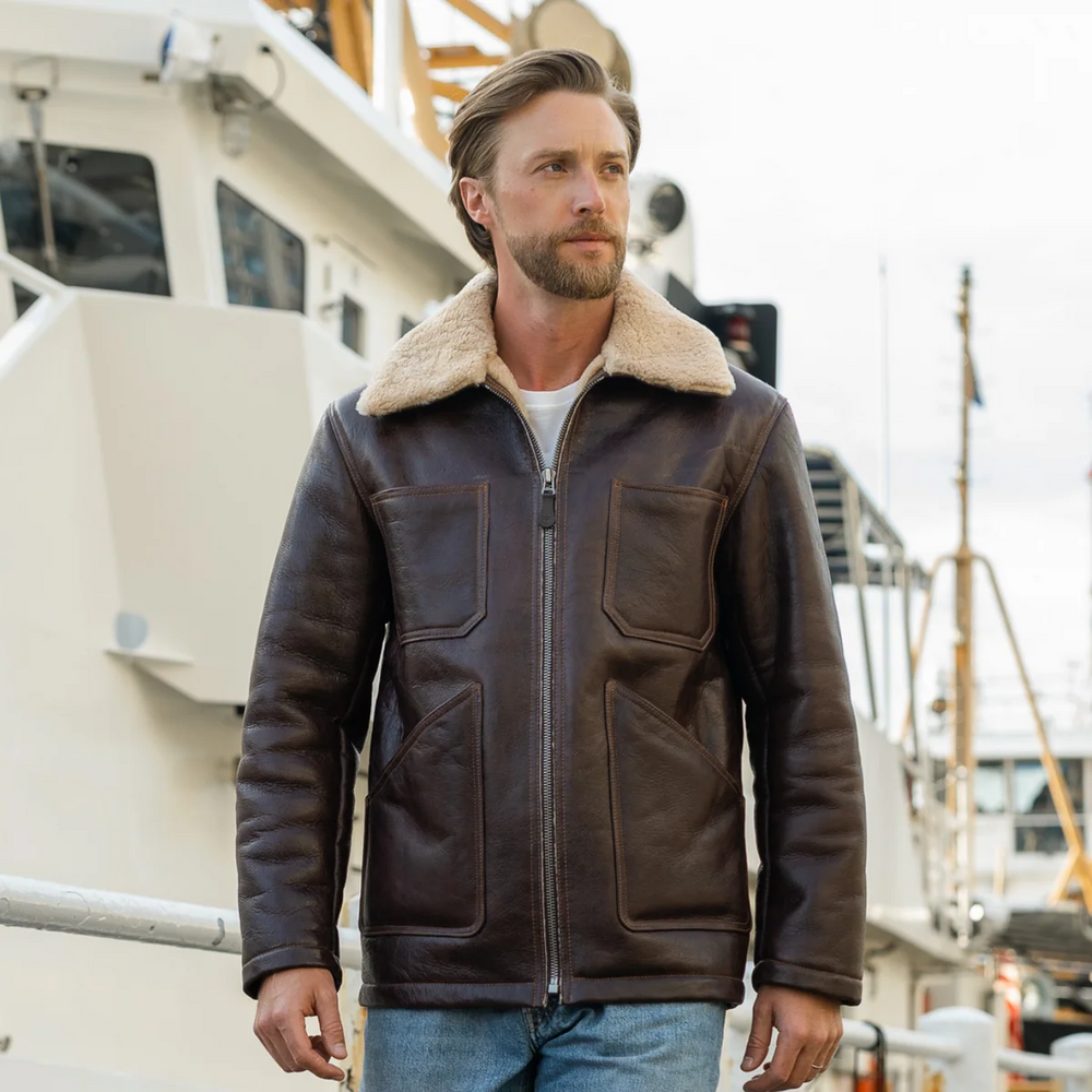 Men's Shearling Chore Leather Jacket – 1930s Heritage Genuine Sheepskin Workwear Coat