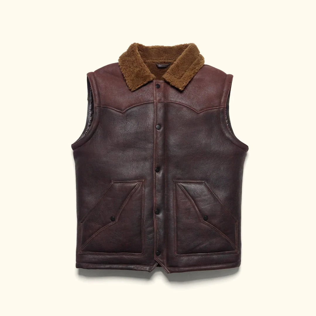 Men's Shearling Collar Western Yoke Leather Vest