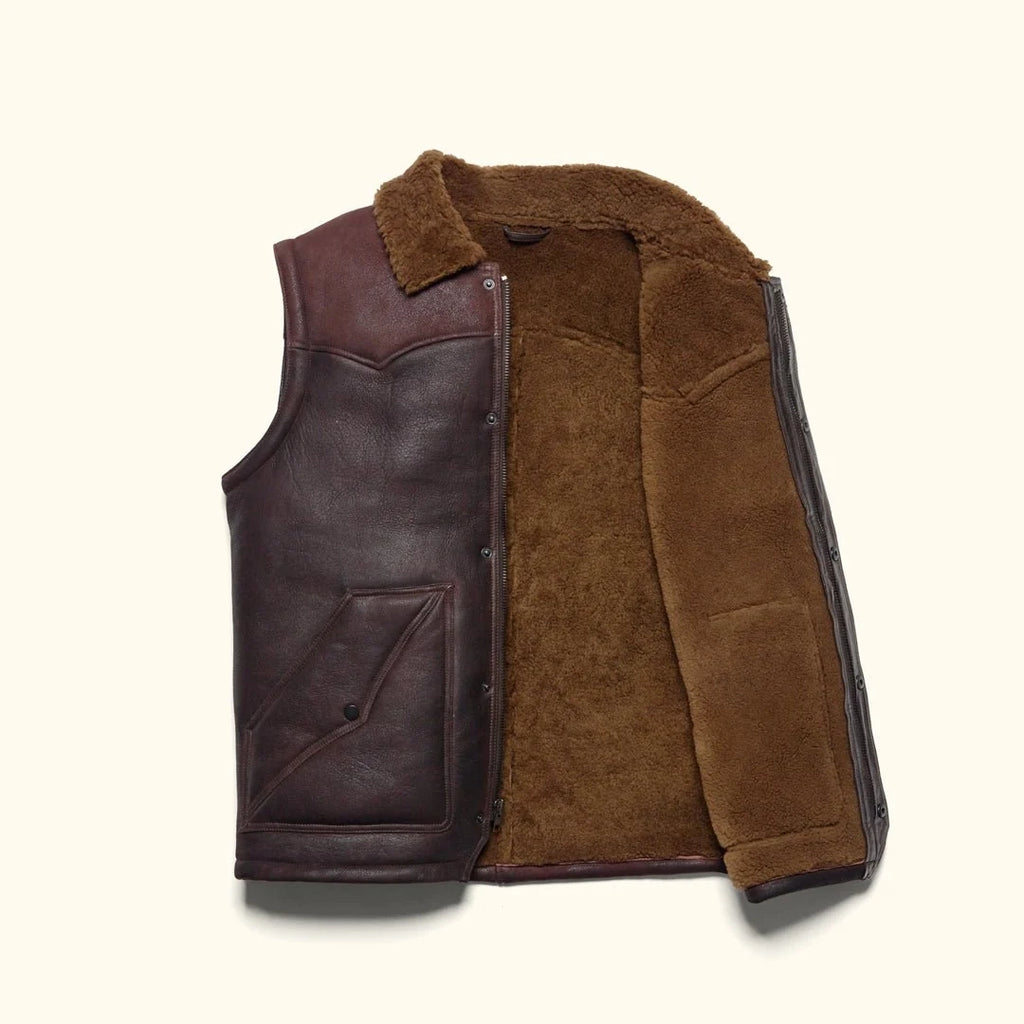 Men's Shearling Collar Western Yoke Leather Vest