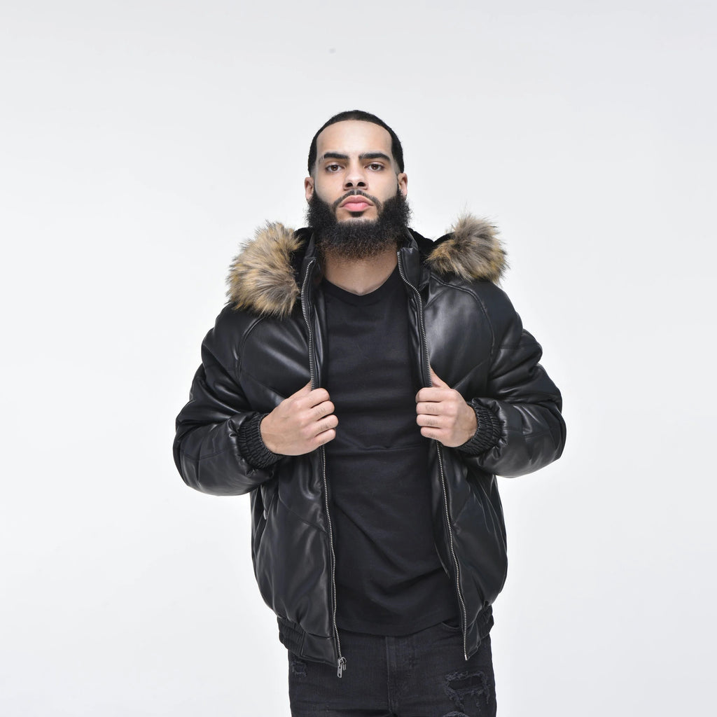 Men's Black Hooded V-Bomber Real Sheepskin Leather Jacket