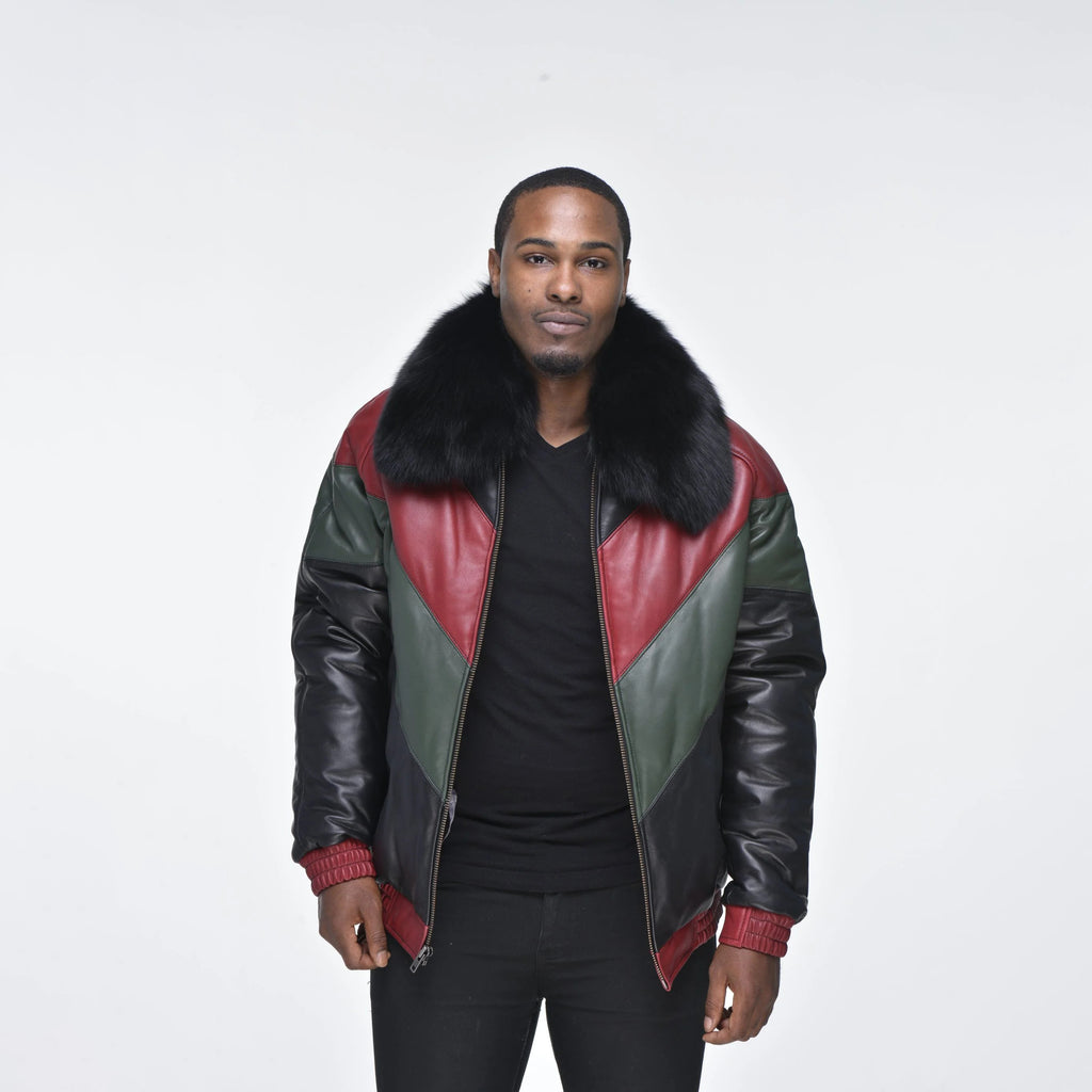 Men's Multi-Color V-Bomber Real Sheepskin Leather Jacket with Detachable Faux-Fur Collar