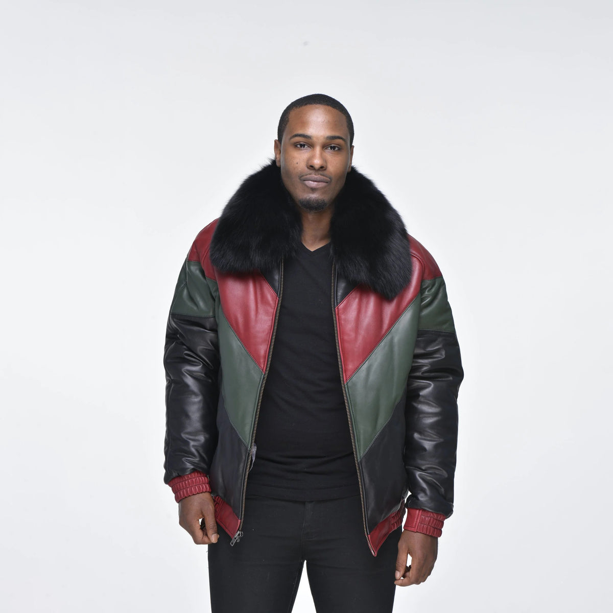 Men's Multi-Color V-Bomber Real Sheepskin Leather Jacket with Detachable Faux-Fur Collar
