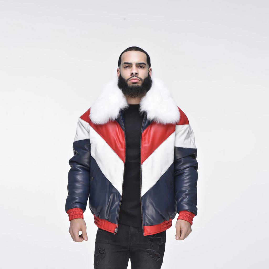 Men's Multi-Color V-Bomber Real Sheepskin Leather Jacket with Detachable Faux-Fur Collar