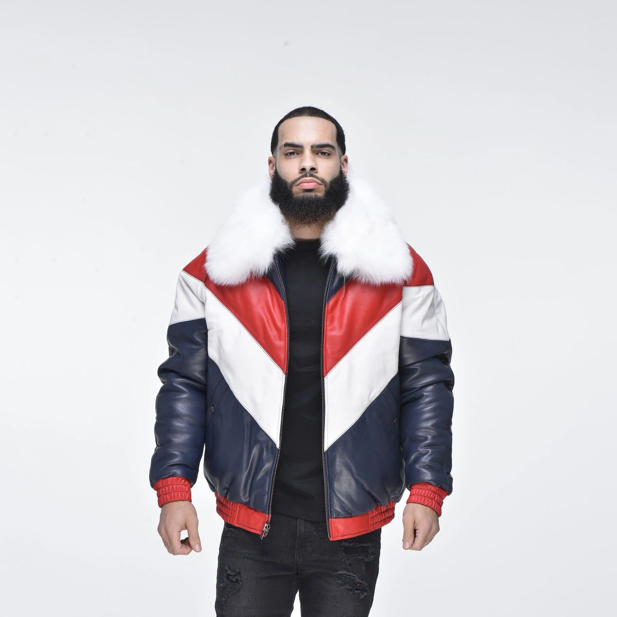 Men's Multi-Color V-Bomber Real Sheepskin Leather Jacket with Detachable Faux-Fur Collar