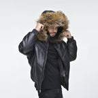 Men's Black Hooded V-Bomber Real Sheepskin Leather Jacket