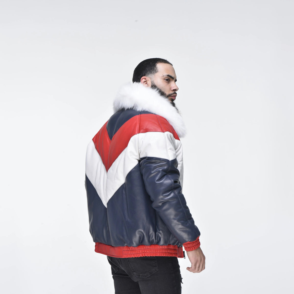 Men's Multi-Color V-Bomber Real Sheepskin Leather Jacket with Detachable Faux-Fur Collar