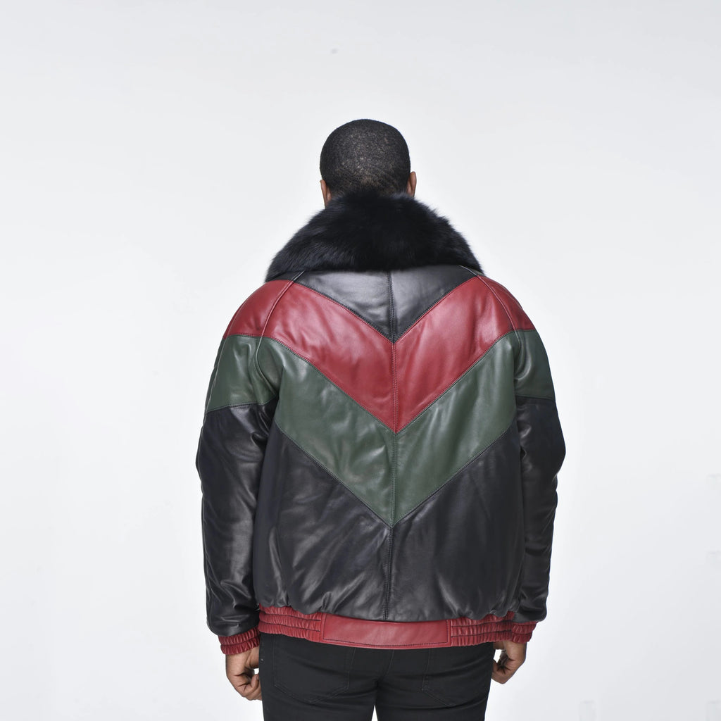 Men's Multi-Color V-Bomber Real Sheepskin Leather Jacket with Detachable Faux-Fur Collar