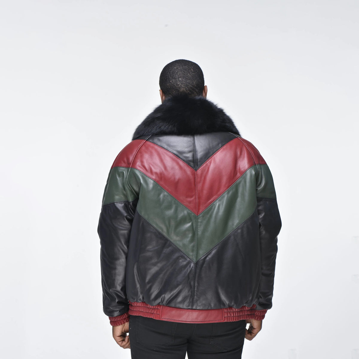 Men's Multi-Color V-Bomber Real Sheepskin Leather Jacket with Detachable Faux-Fur Collar