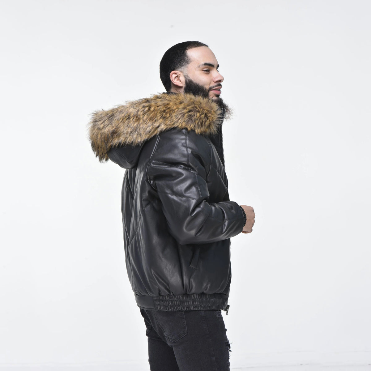 Men's Black Hooded V-Bomber Real Sheepskin Leather Jacket