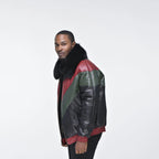 Men's Multi-Color V-Bomber Real Sheepskin Leather Jacket with Detachable Faux-Fur Collar