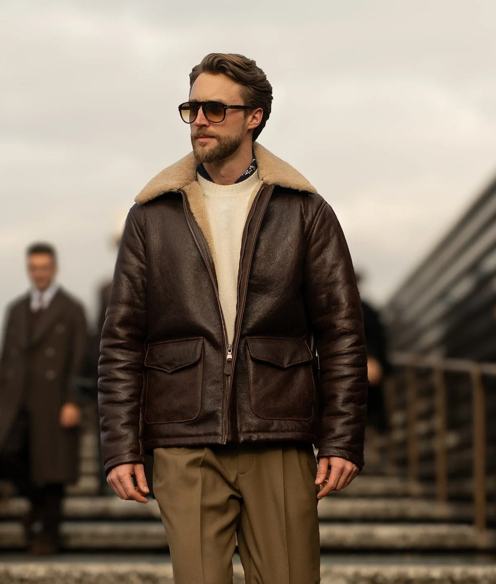 Men's Brown Oil Rigger Shearling Jacket – Heritage Sheepskin Leather Coat