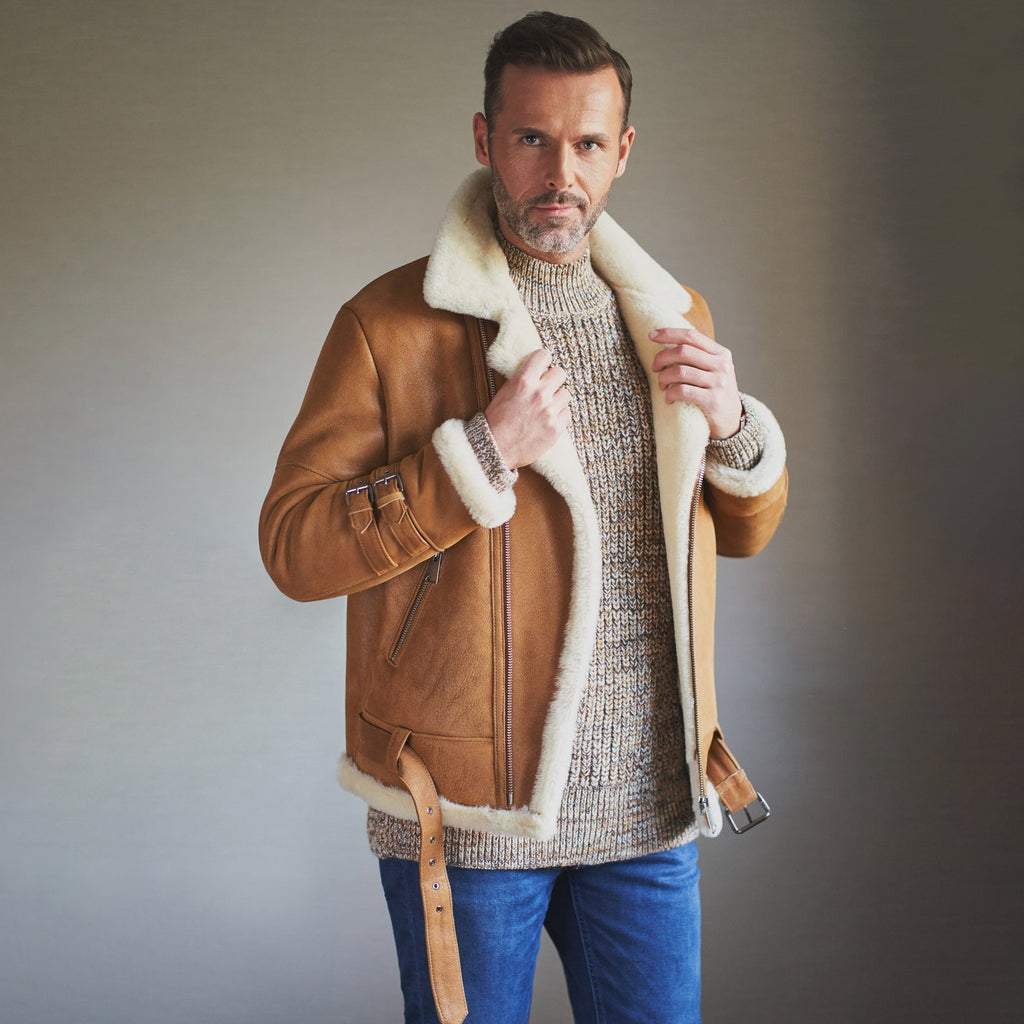 Men's Tan Brown B-3 Shearling Leather Aviator Jacket