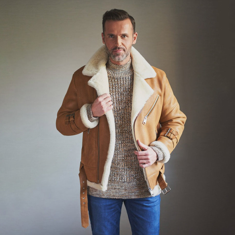 Men's Tan Brown B-3 Shearling Leather Aviator Jacket
