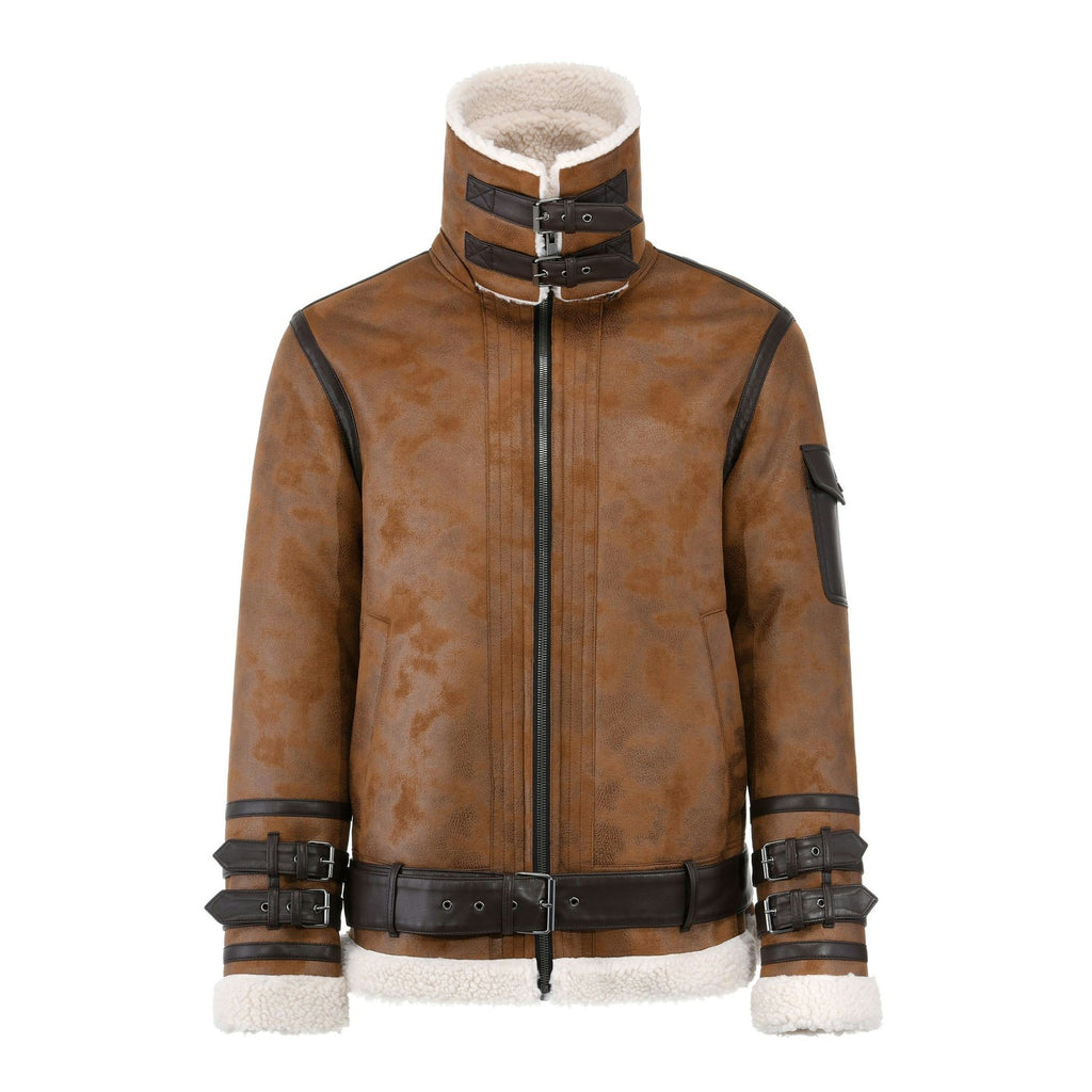 Men's Tan Brown Distressed B-3 Belted Shearling Jacket