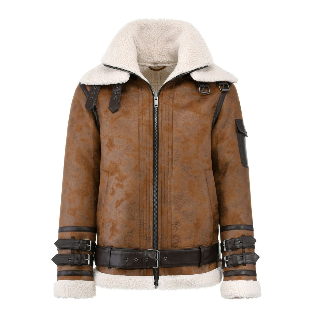 Men's Tan Brown Distressed B-3 Belted Shearling Jacket