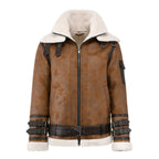 Men's Tan Brown Distressed B-3 Belted Shearling Jacket
