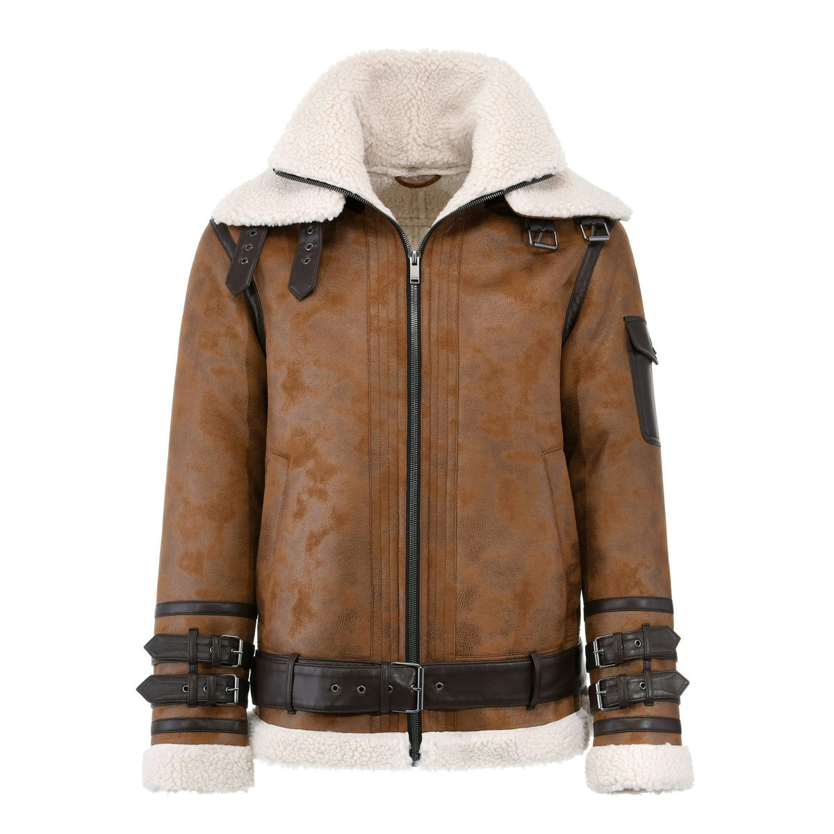 Men's Tan Brown Distressed B-3 Belted Shearling Jacket