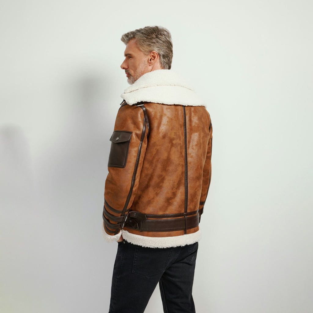 Men's Tan Brown Distressed B-3 Belted Shearling Jacket