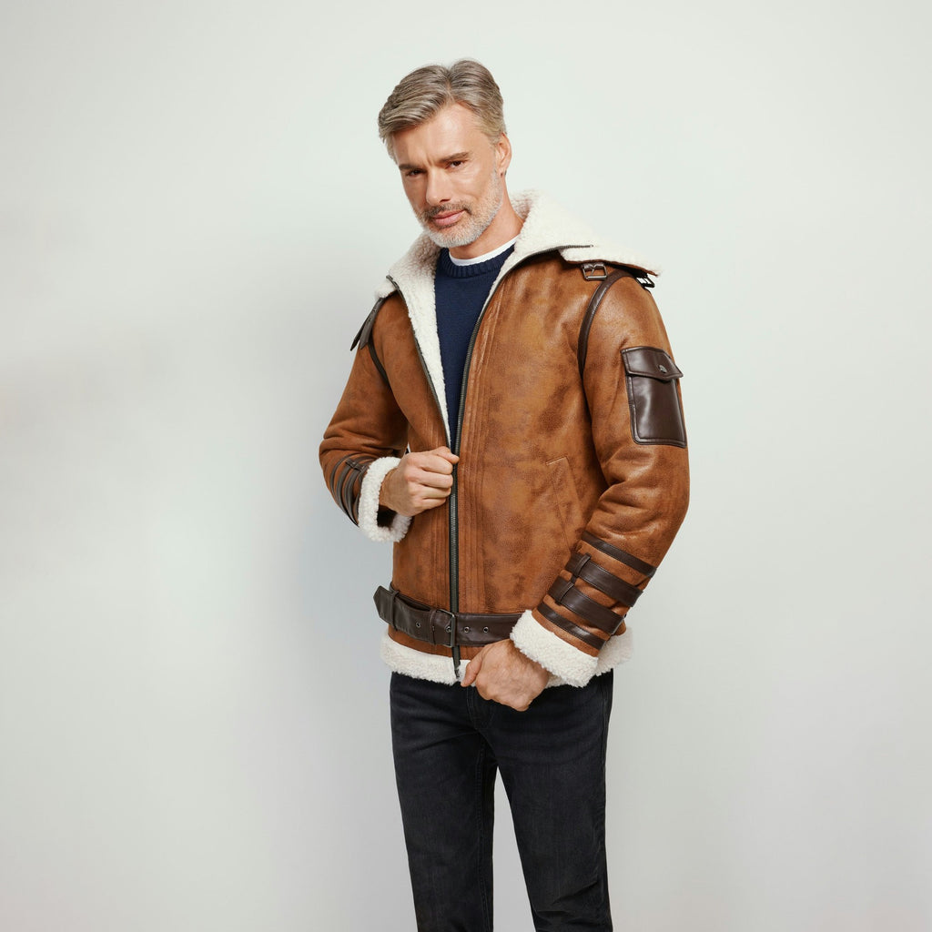 Men's Tan Brown Distressed B-3 Belted Shearling Jacket