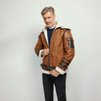 Men's Tan Brown Distressed B-3 Belted Shearling Jacket