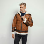 Men's Tan Brown Distressed B-3 Belted Shearling Jacket