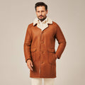 Men's Tan Brown Long Shearling Leather Coat | Real Lambskin Winter Coat by Shearling Jacket
