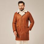 Men's Tan Brown Long Shearling Leather Coat | Real Lambskin Winter Coat by Shearling Jacket