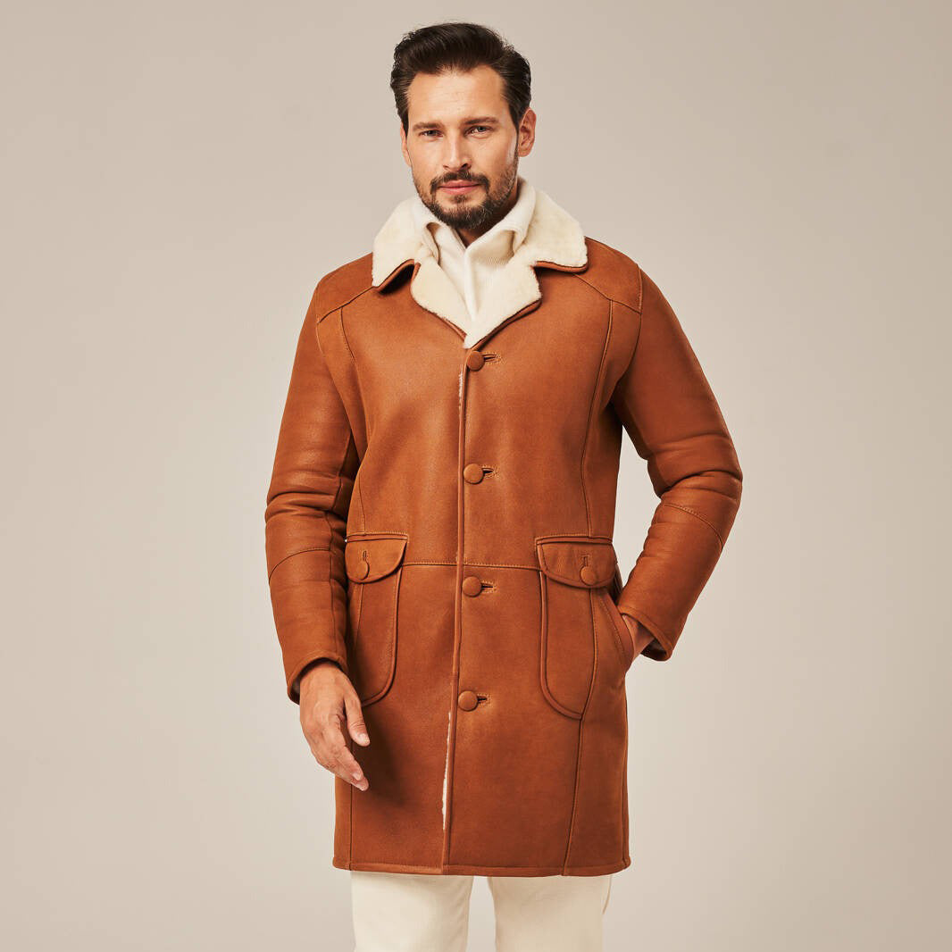 Men's Tan Brown Long Shearling Leather Coat | Real Lambskin Winter Coat by Shearling Jacket