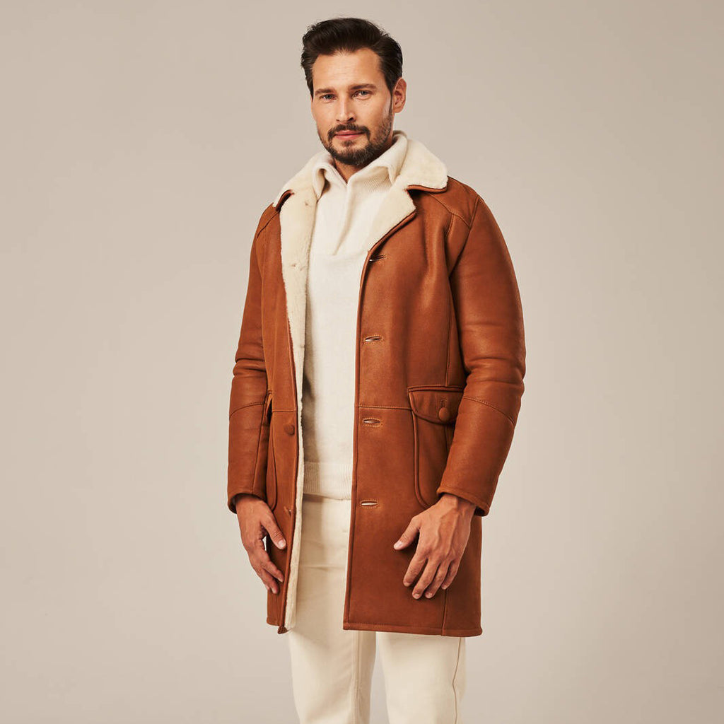 Men's Tan Brown Long Shearling Leather Coat | Real Lambskin Winter Coat by Shearling Jacket